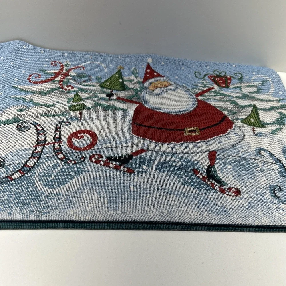 Vintage Christmas Tapestry Table Runner Santa Ice Skating Ho Ho Holiday Decor‎
